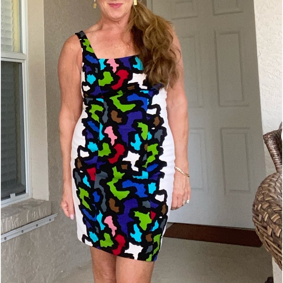 Joseph RibbKoff White with Puzzle Piece Midi Dress size 6 - Picture 4 of 12